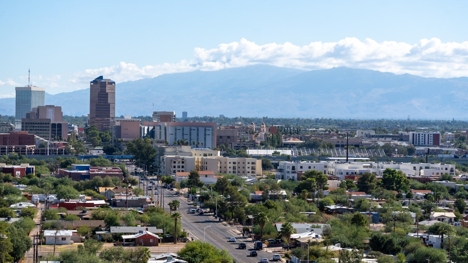Downtown Mesa, Arizona skyline with mountains in the background